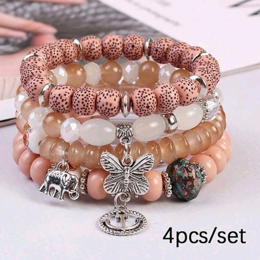♡♡♡ Fashion Jewelry Pink Taupe  Beaded Bracelet Set Butterfly Charm - 4pcs